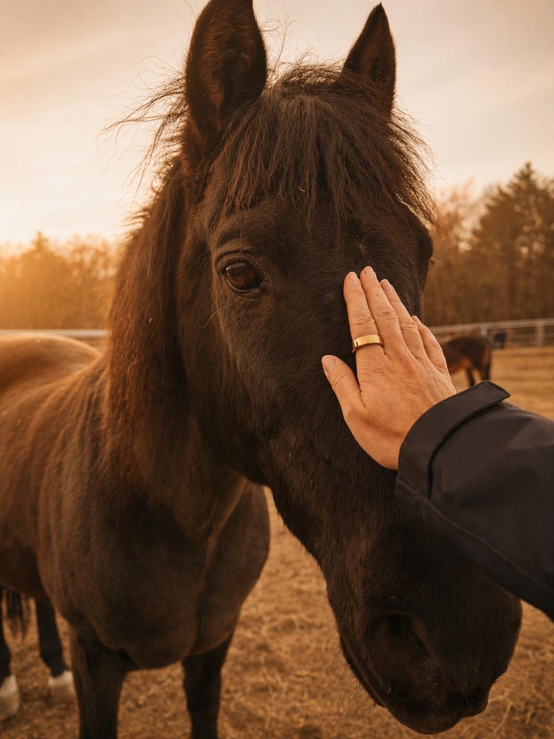 A hand resting gently on a dark horse's face in warm golden light